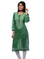 Load image into Gallery viewer, Seva Chikan Hand Embroidered Green Cotton Lucknowi Chikan Kurti-SCL0260