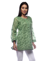 Load image into Gallery viewer, Seva Chikan Hand Embroidered Dark Green Cotton Lucknowi Chikan Short Top-SCL0175