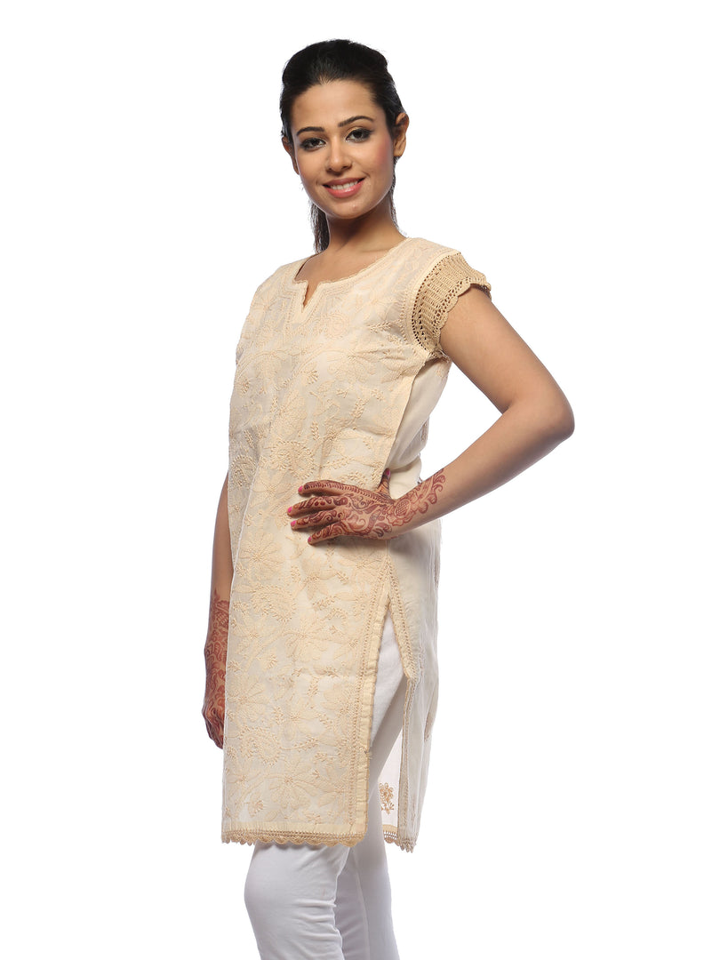 Seva Chikan Hand Embroidered Beige Cotton Lucknowi Chikan Kurta-SCL0645