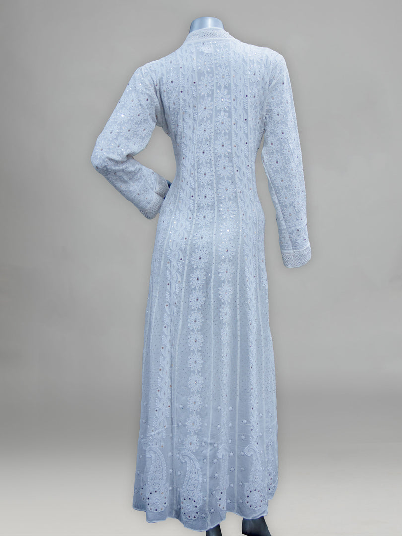 Seva Chikan Hand Embroidered White Pure Georgette Lucknowi Chikankari Semi-Stitched Anarkali & Dupatta With Mukaish Work-SCL0879