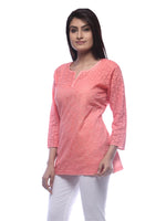 Load image into Gallery viewer, Seva Chikan Hand Embroidered Peach Cotton Lucknowi Chikankari Short Top-SCL0500
