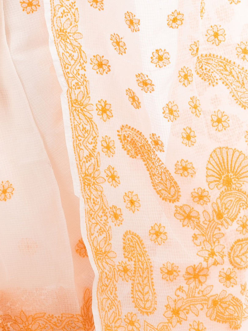 Seva Chikan Hand Embroidered White Kota Lucknowi Saree-SCL1196