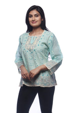 Load image into Gallery viewer, Seva Chikan Hand Embroidered Sea Green Cotton Lucknowi Chikankari Short Top-SCL0345