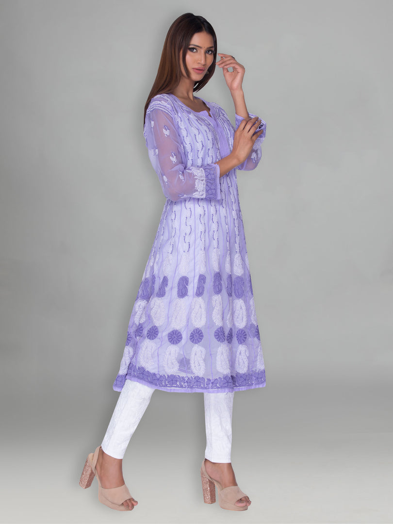 Seva Chikan Hand Embroidered Purple Faux Georgette Lucknowi Chikankari Anarkali Kurta-SCL0960
