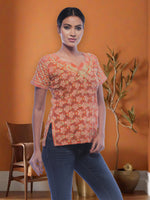 Load image into Gallery viewer, Seva Chikan Hand Embroidered Orange Cotton Lucknowi Chikankari Short Top SCL0165