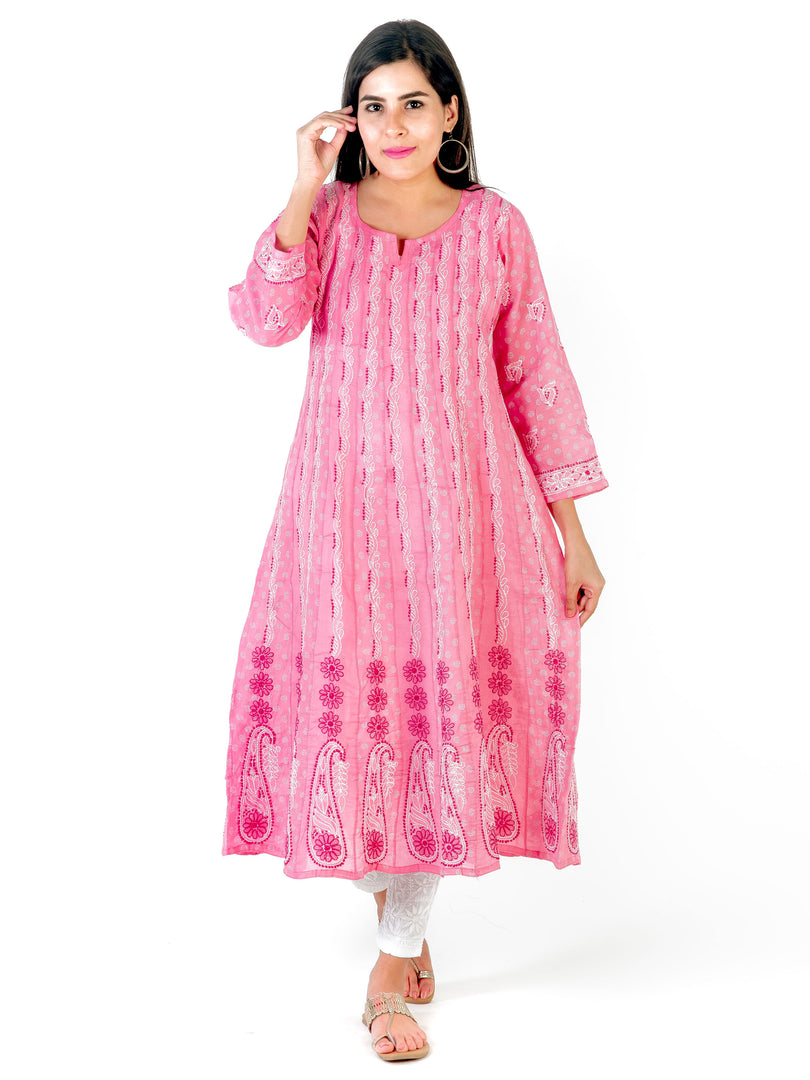 Seva Chikan Hand Embroidered Pink Cotton Lucknowi Chikankari Anarkali-SCL1239