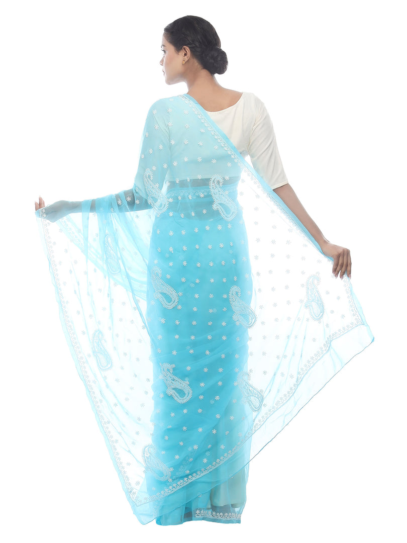 Seva Chikan Hand Embroidered Blue Georgette Lucknowi Saree-SCL2454