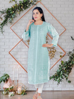 Load image into Gallery viewer, Seva Chikan Hand Embroidered Turquoise Cotton Luckowi Chikan Kurti SCL1213