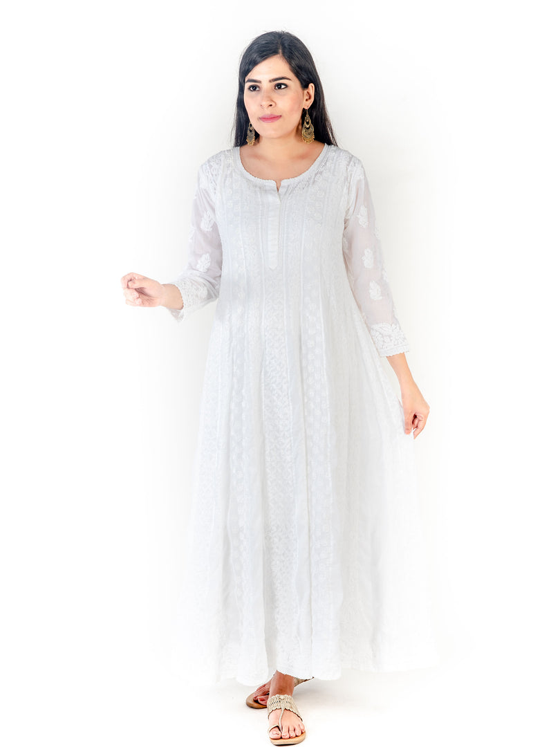 Seva Chikan Hand Embroidered White Cotton Lucknowi Chikankari Anarkali- SCL1317