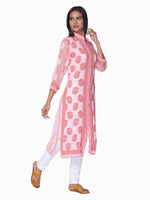 Load image into Gallery viewer, Seva Chikan Hand Embroidered Peach Faux Georgette Lucknowi Chikan Front Open Kurta-SCL0890
