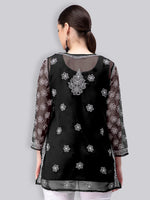 Load image into Gallery viewer, Seva Chikan Hand Embroidered Lucknowi Chikankari Black Georgette Short Top With Cotton Slip SCL9082