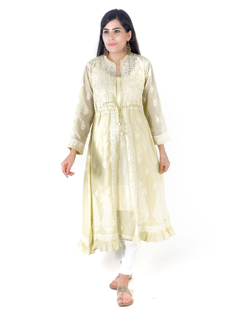 Seva Chikan Hand Embroidered Lemon Cotton Lucknowi Chikankari Anarkali-SCL1367