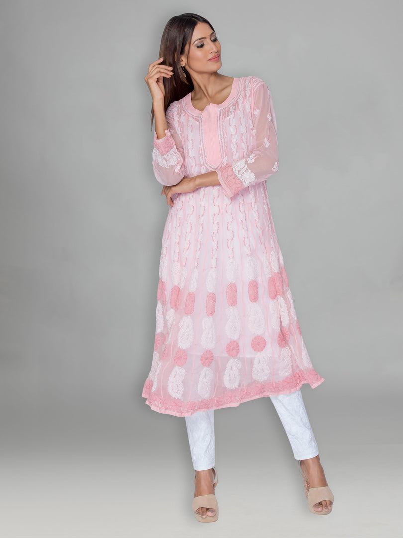 Seva Chikan Hand Embroidered Pink Faux Georgette Lucknowi Chikankari Anarkali Kurta-SCL0959