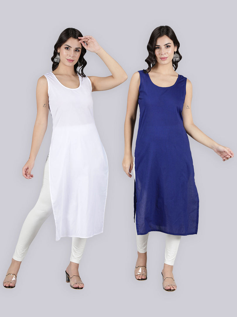 Seva Chikan Cotton Long Slips Combo of White (Pack of 2)