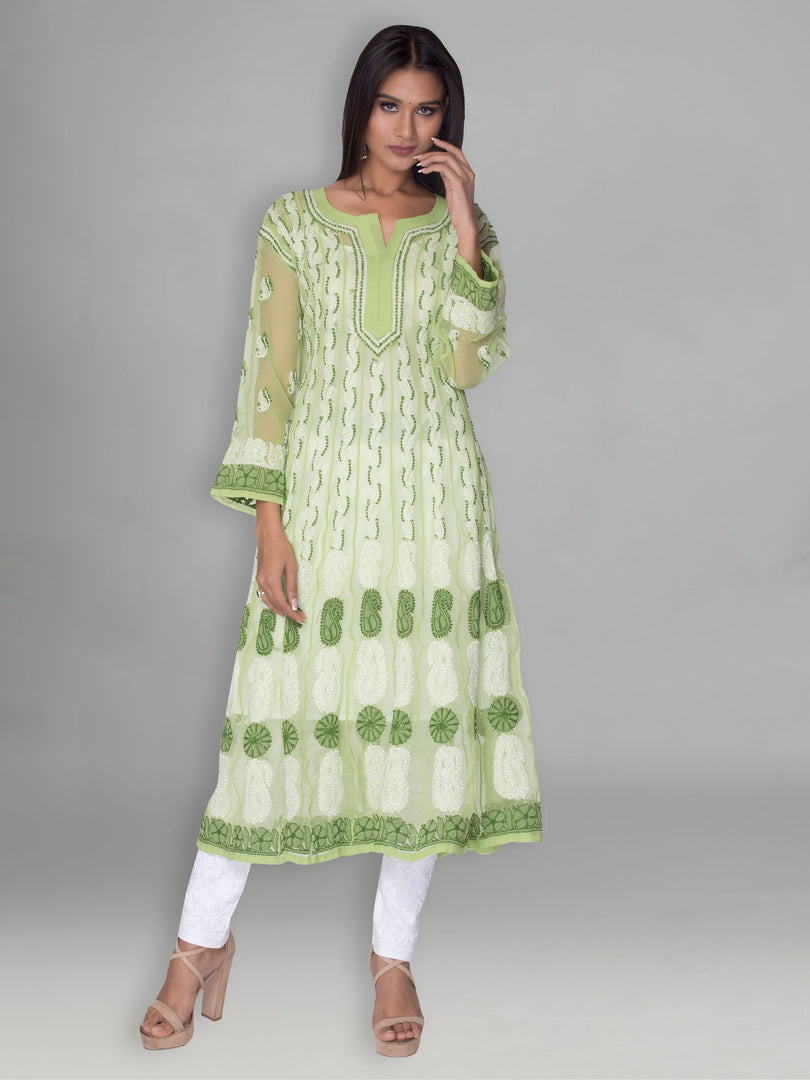 Seva Chikan Hand Embroidered Green Faux Georgette Lucknowi Chikankari Anarkali Kurta-SCL0957
