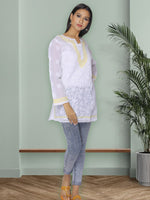 Load image into Gallery viewer, Seva Chikan Hand Embroidered White Cotton Lucknowi Chikan Short Kurti SCL1058
