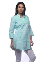 Load image into Gallery viewer, Seva Chikan Hand Embroidered Sea Green Cotton Lucknowi Chikankari Short Top-SCL0327