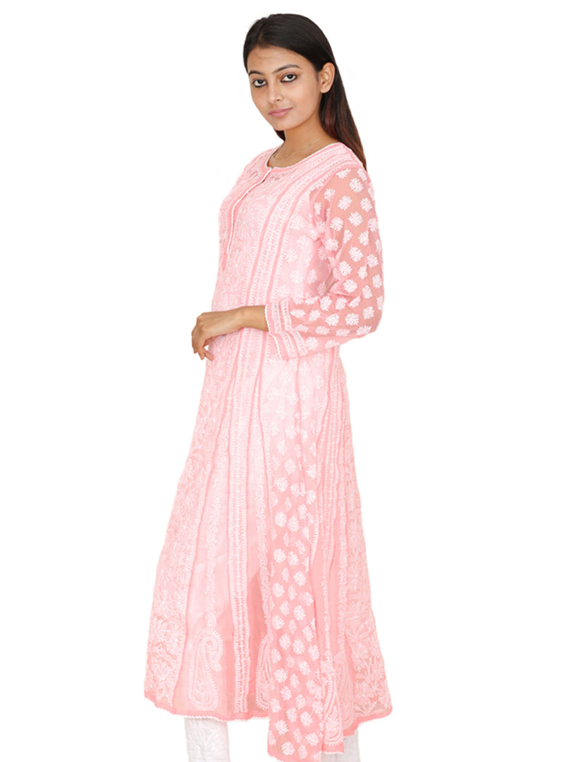 Seva Chikan Hand Embroidered Light Peach Georgette Lucknowi Chikankari Anarkali-SCL0534