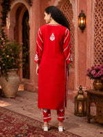 Load image into Gallery viewer, Seva Chikan Hand Embroidered Red Rayon Lucknowi Chikankari Kurta Set SCL8104