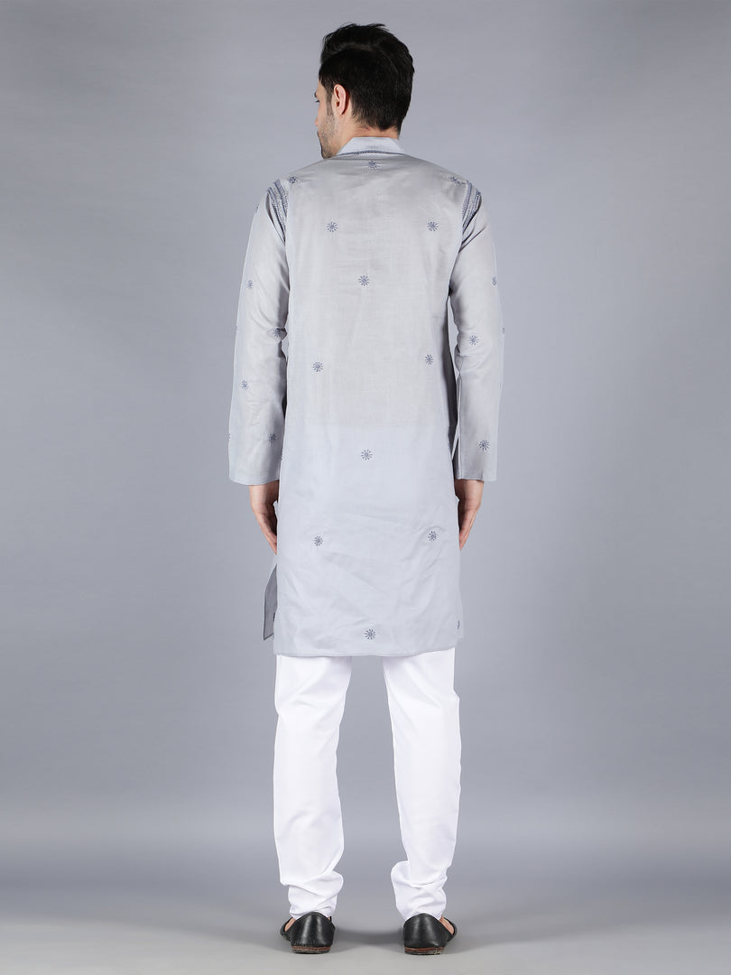 Seva Chikan Hand Embroidered Cotton Lucknowi Chikan Mens Stitched Kurta