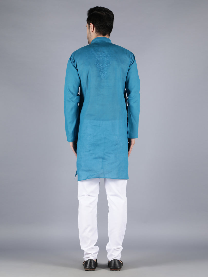 Seva Chikan Hand Embroidered  Cotton Lucknowi Chikan Mens Stitched Kurta