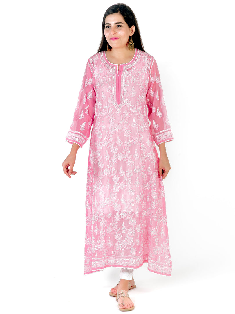 Seva Chikan Hand Embroidered Pink Georgette Lucknowi Chikankari Anarkali-SCL1288