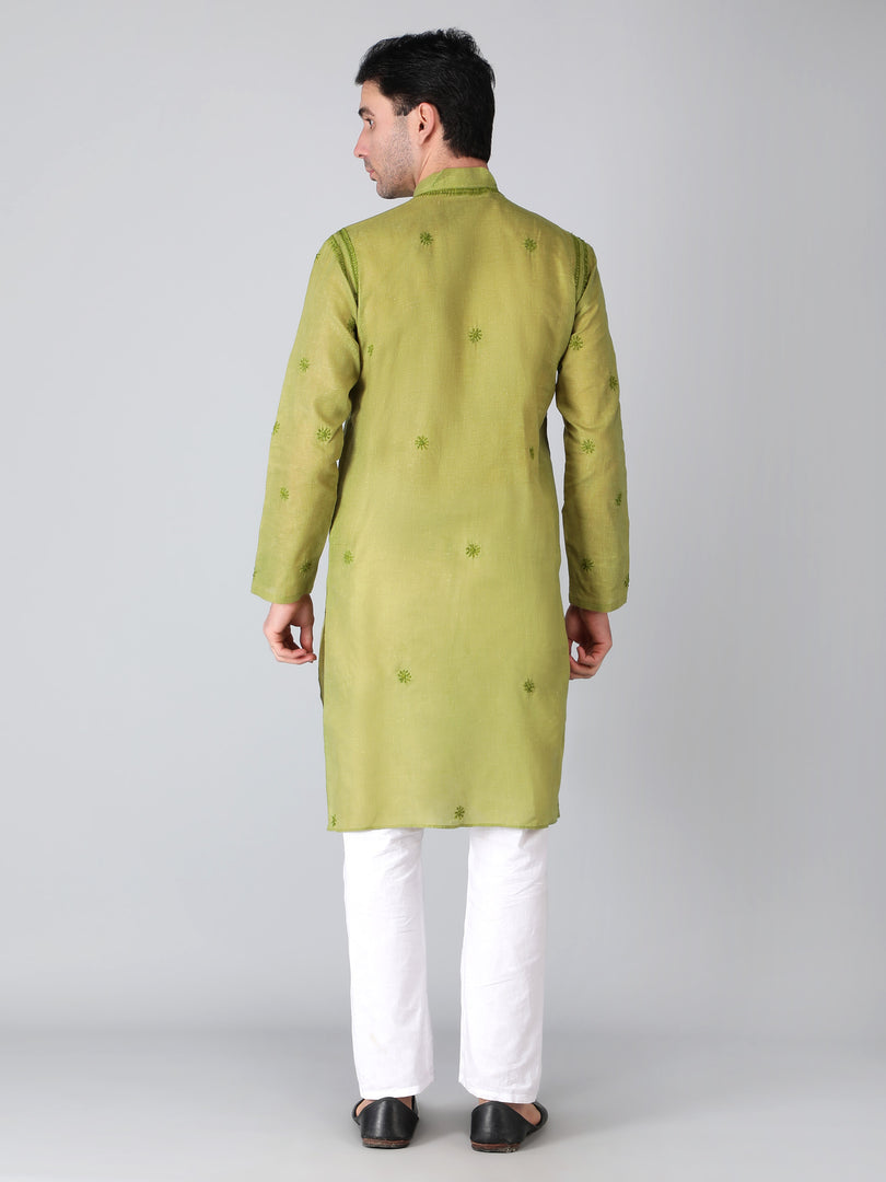 Seva Chikan Hand Embroidered Cotton Lucknowi Chikan Mens Stitched Kurta
