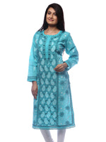 Load image into Gallery viewer, Seva Chikan Hand Embroidered Turquoise Cotton Lucknowi Chikan Kurti-SCL0252