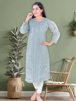 Load image into Gallery viewer, Seva Chikan Hand Embroidered Grey Cotton Lucknowi Chikan Kurti SCL1215