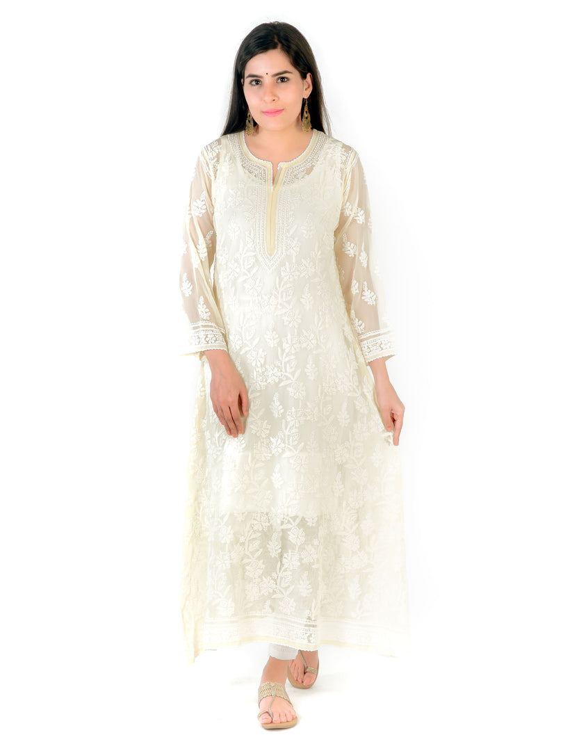 Seva Chikan Hand Embroidered Beige Georgette Lucknowi Chikankari Anarkali-SCL1337