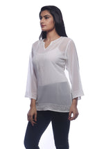 Load image into Gallery viewer, Seva Chikan Hand Embroidered White Georgette Lucknowi Chikankari Short Top With Sequins Work-SCL0166