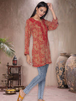 Load image into Gallery viewer, Seva Chikan Hand Embroidered Red Rayon Lucknowi Chikan Short Kurti SCL1050