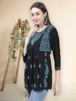 Load image into Gallery viewer, Seva Chikan Hand Embroidered Black Cotton Lucknowi Chikankari Top