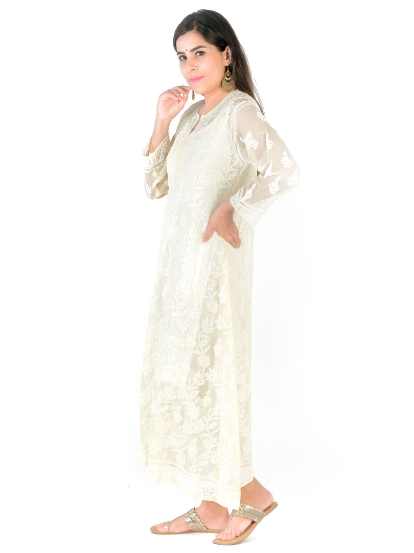Seva Chikan Hand Embroidered Beige Georgette Lucknowi Chikankari Anarkali-SCL1337