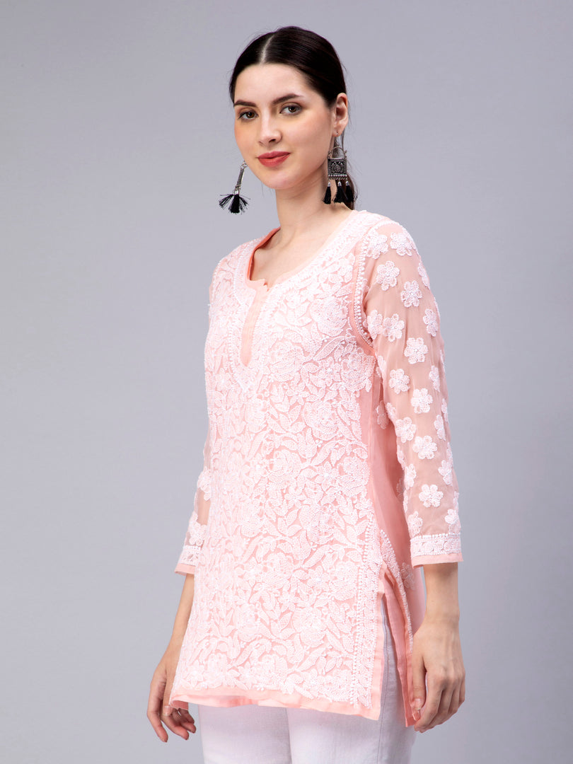 Seva Chikan Hand Embroidered Georgette Lucknowi Chikan Top With Slip