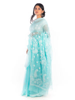 Load image into Gallery viewer, Seva Chikan Hand Embroidered Turquoise Georgette Lucknowi Saree-SCL1166