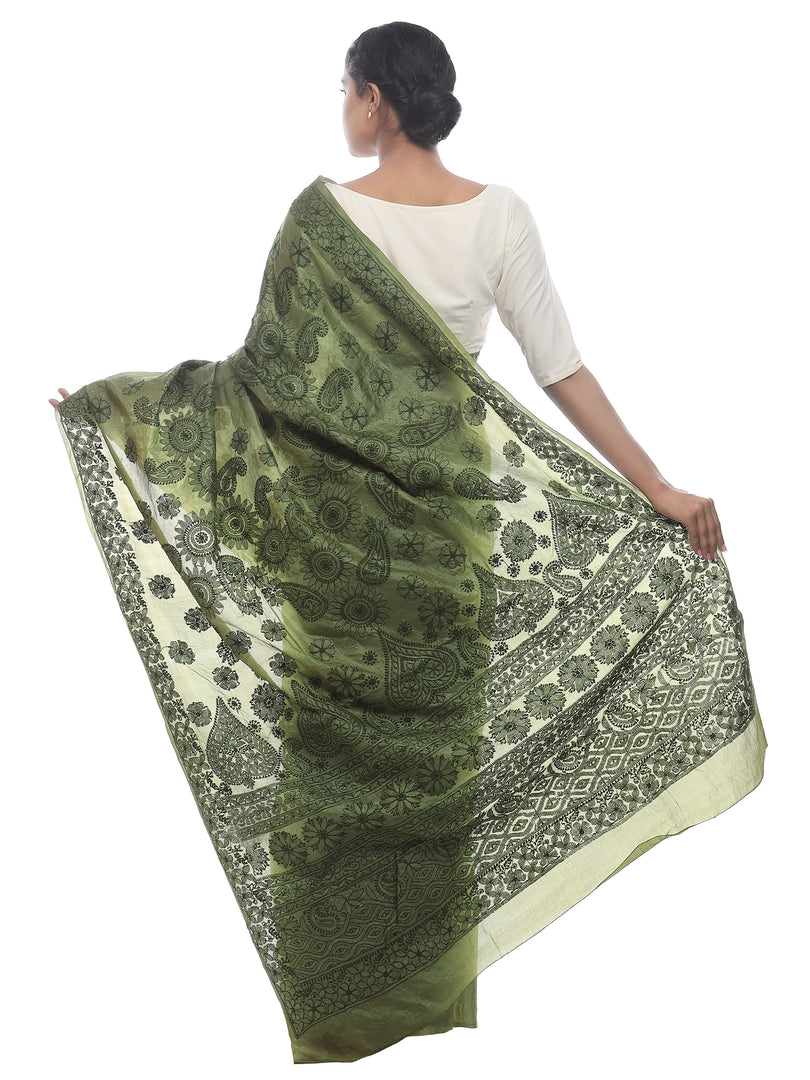 Seva Chikan Hand Embroidered Green Tusser Silk Lucknowi Saree-SCL2307