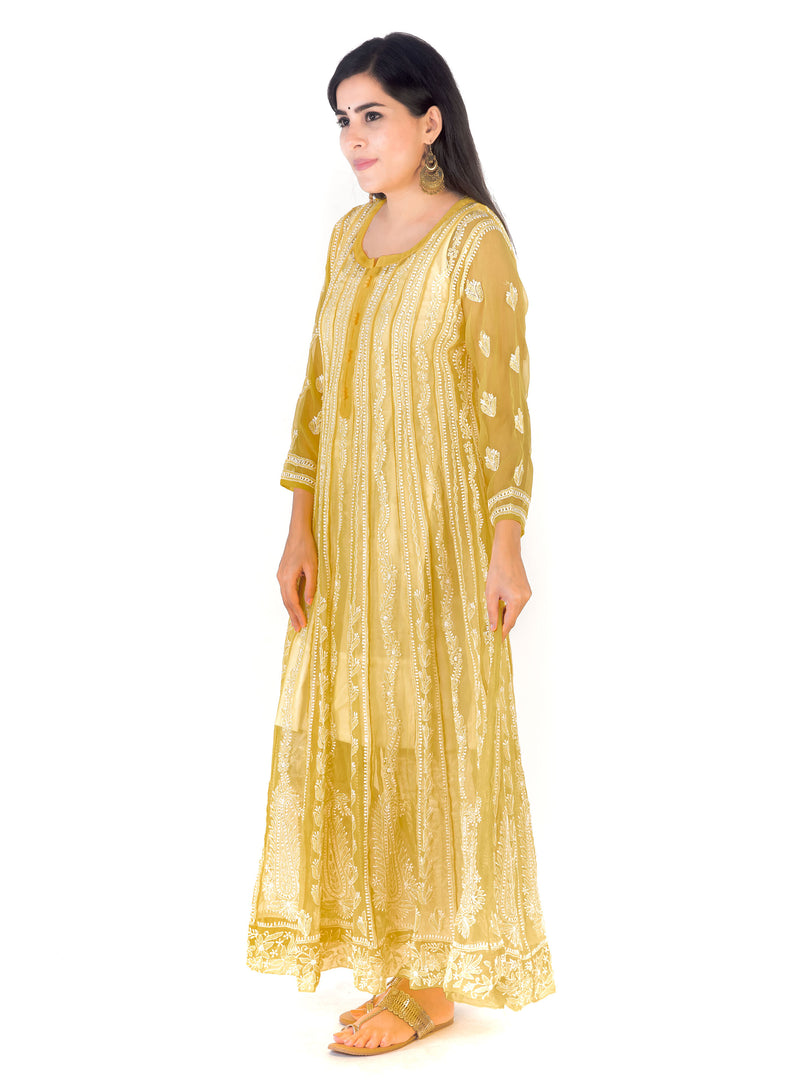 Seva Chikan Hand Embroidered Yellow Georgette Lucknowi Chikankari Anarkali-SCL1375