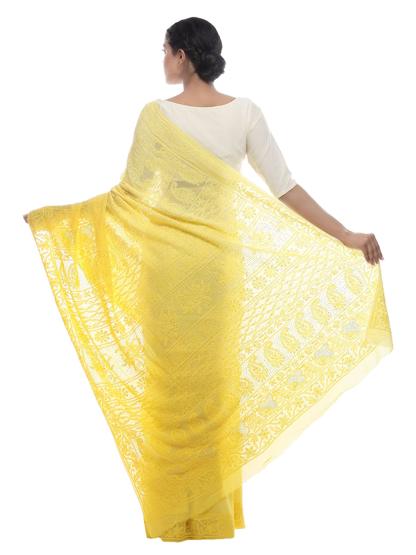 Seva Chikan Hand Embroidered Yellow Viscose Georgette Saree-SCL2348