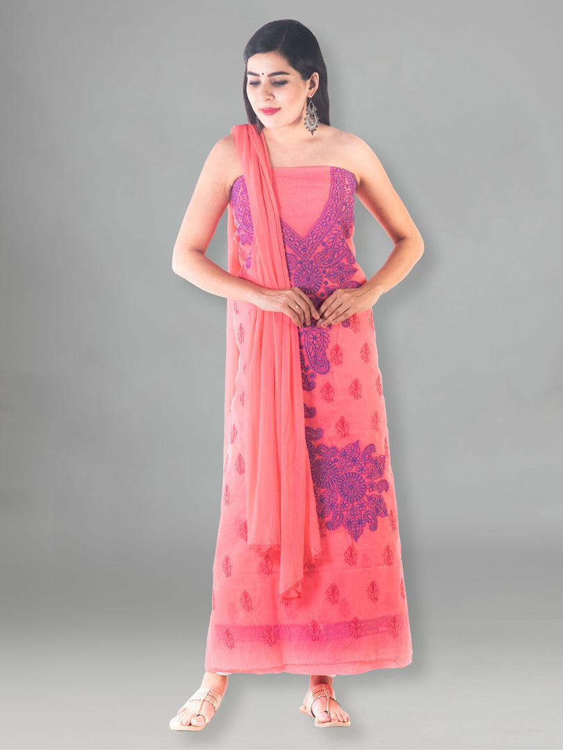 Seva Chikan Hand Embroidered Dark Pink Cotton Lucknowi Chikan Unstitched Suit Piece-SCL1491