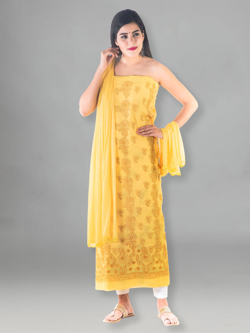 Seva Chikan Hand Embroidered Golden Yellow Cotton Lucknowi Chikan Unstitched Suit Piece-SCL1495