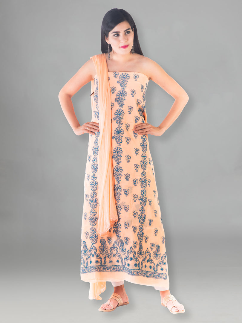 Seva Chikan Hand Embroidered Peach Cotton Lucknowi Chikan Unstitched Suit Piece-SCL1507