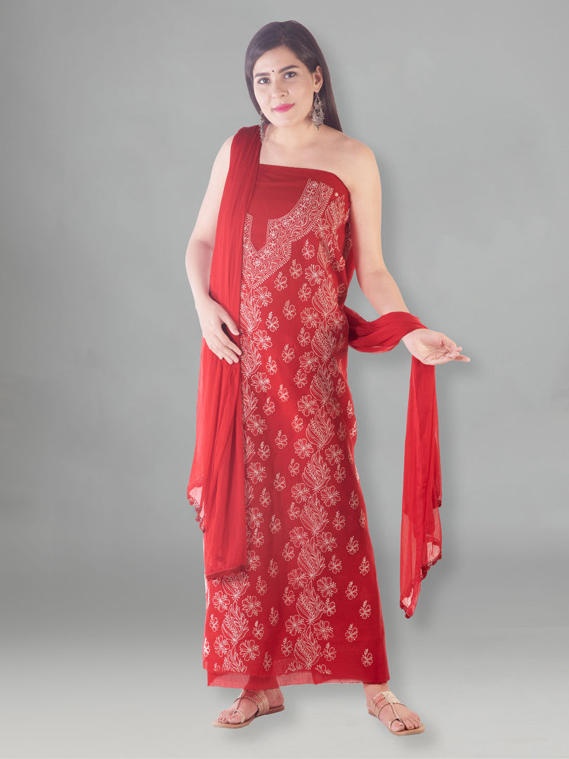 Seva Chikan Hand Embroidered Red Cotton Lucknowi Chikan Unstitched Suit Piece-SCL1510