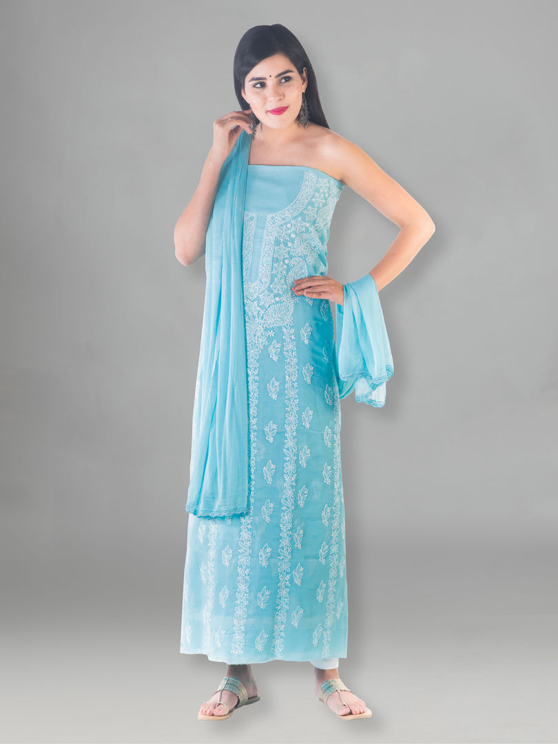 Seva Chikan Hand Embroidered Sky Blue Cotton Lucknowi Chikan Unstitched Suit Piece-SCL1512