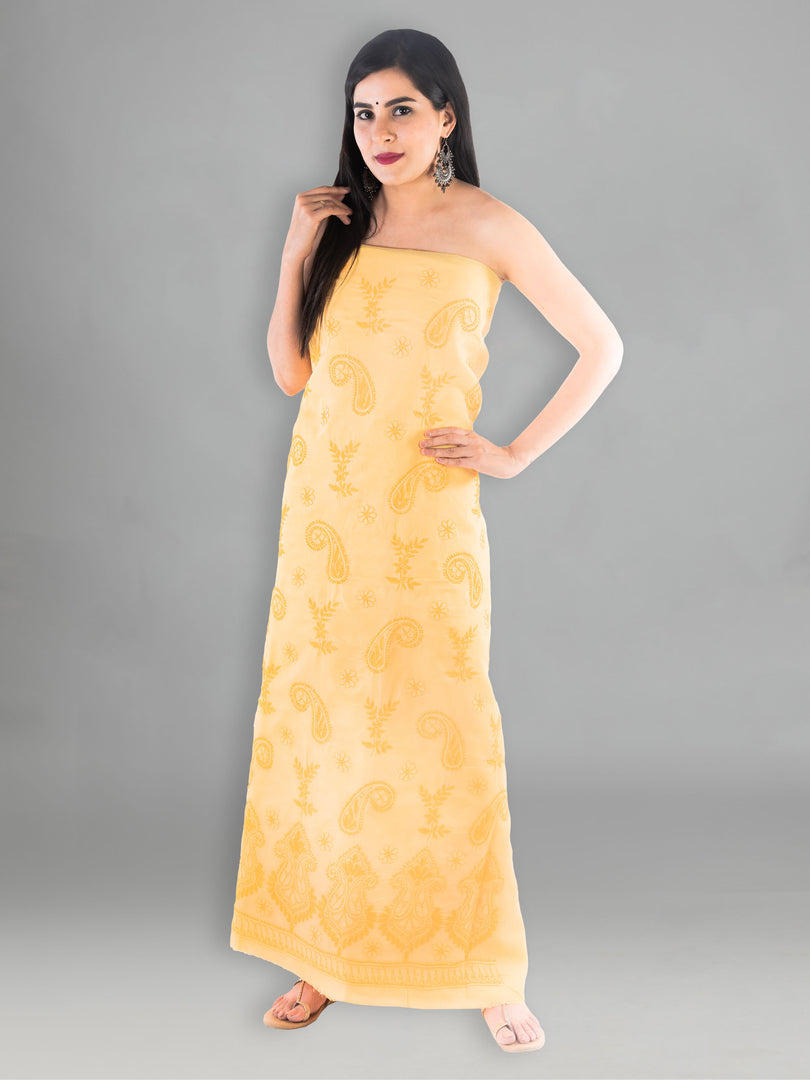 Seva Chikan Hand Embroidered Mustard Cotton Lucknowi Chikan Unstitched Suit Piece-SCL1544