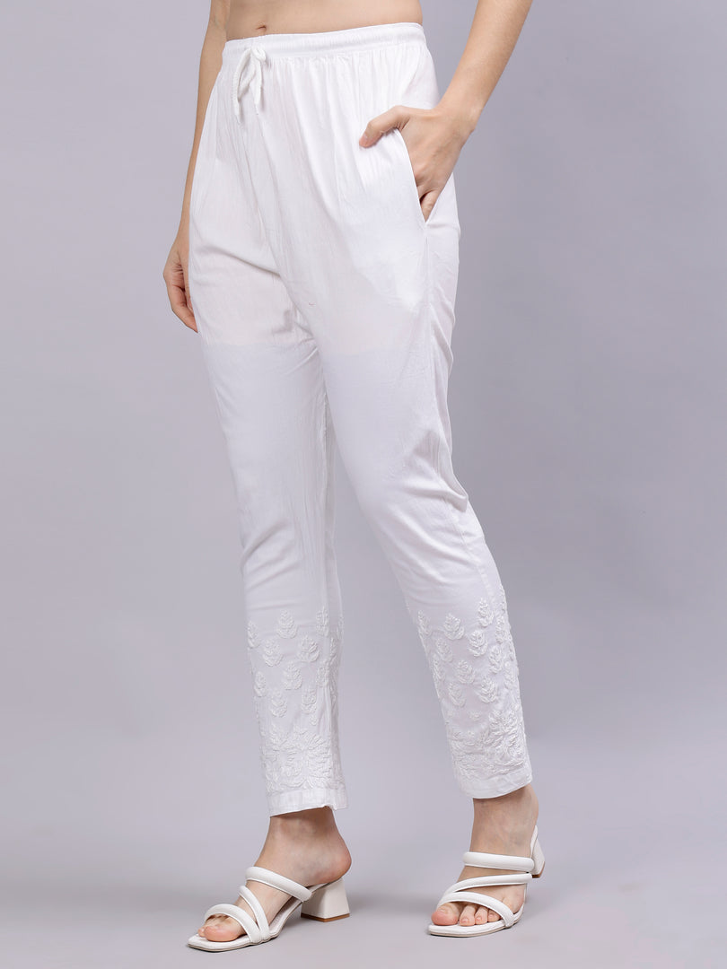 Seva Chikan Hand Embroidered White Lycra Lucknowi Chikankari Palazzo-SCL11032