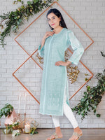Load image into Gallery viewer, Seva Chikan Hand Embroidered Turquoise Cotton Luckowi Chikan Kurti SCL1213