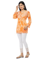 Load image into Gallery viewer, Seva Chikan Hand Embroidered Orange Rayon Lucknowi Chikankari Short Top-SCL2013