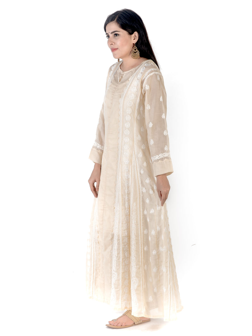 Seva Chikan Hand Embroidered Khaki Cotton Lucknowi Chikankari Anarkali-SCL1768