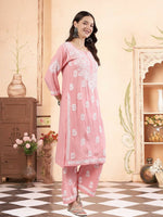 Load image into Gallery viewer, Seva Chikan Hand Embroidered Peach Rayon Lucknowi Chikankari Kurta Set SCL8046